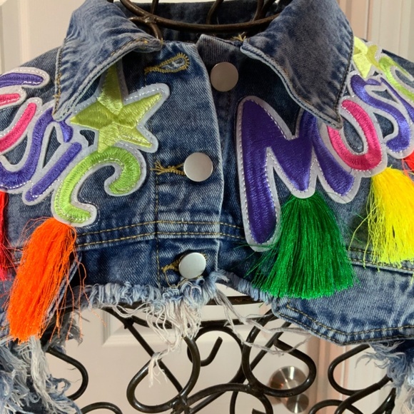 Music Embroidered Denim Tassel Multicolor Crop Jean Jacket Plus Size 3X - Picture 8 of 11